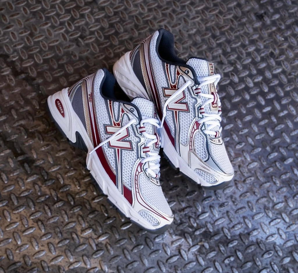 NEW BALANCE TRAINERS WHITE MAROON SILVER