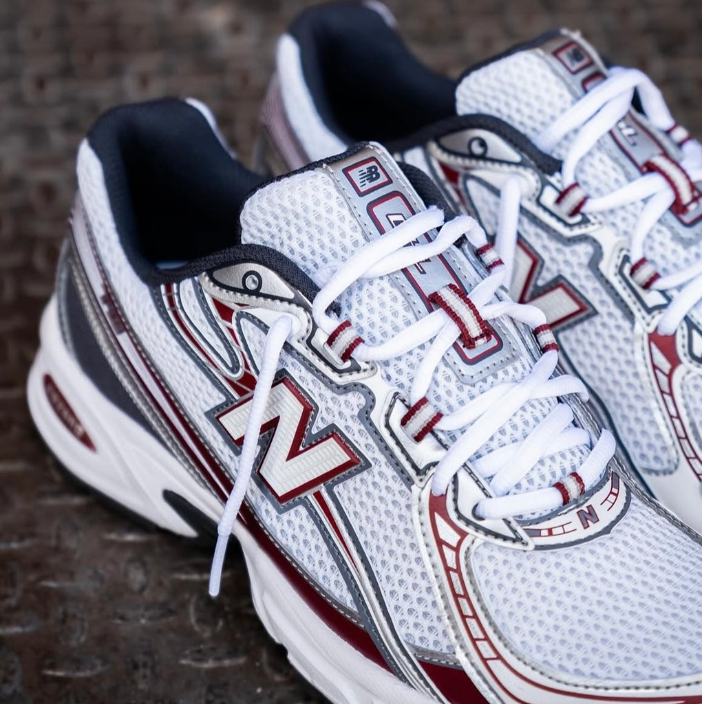 NEW BALANCE TRAINERS WHITE MAROON SILVER